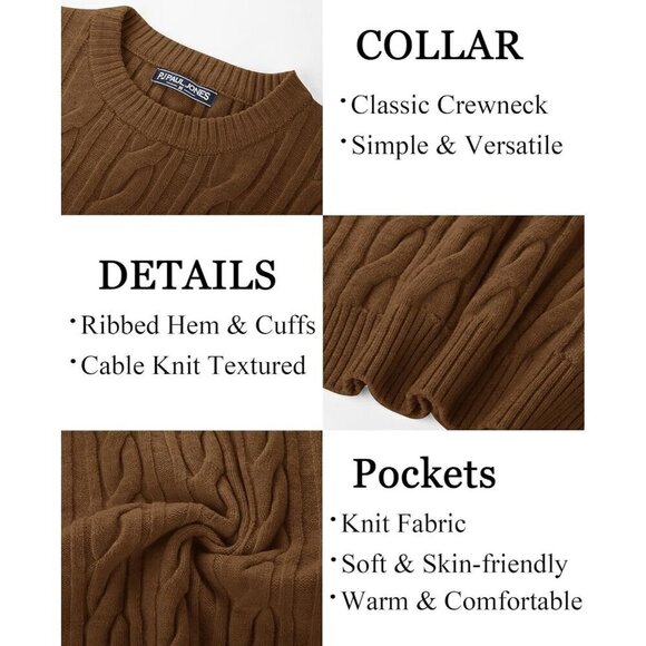 Mens Brown Crewneck Cable Knit Pullover Sweater Casual Twist - Picture 7 of 7